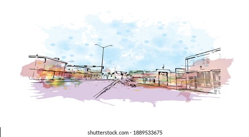 Building view with landmark of Carolina is a municipality located on the northeast coast of Puerto Rico. Watercolour splash with hand drawn sketch illustration in vector.