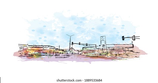 Building view with landmark of Carolina is a municipality located on the northeast coast of Puerto Rico. Watercolour splash with hand drawn sketch illustration in vector.