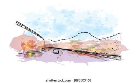 Building view with landmark of Cartagena is the
city in Spain. Watercolour splash with hand drawn sketch illustration in vector.