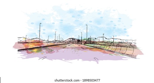 Building view with landmark of Cartagena is the
city in Spain. Watercolour splash with hand drawn sketch illustration in vector.