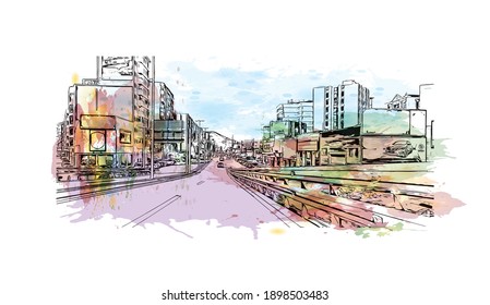 Building view with landmark of Cartagena is the
city in Spain. Watercolour splash with hand drawn sketch illustration in vector.