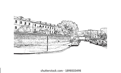 Building view with landmark of Cartagena is the
city in Spain. Hand drawn sketch illustration in vector.