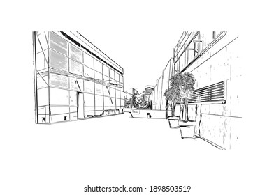 Building view with landmark of Cartagena is the
city in Spain. Hand drawn sketch illustration in vector.