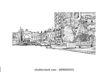 Building view with landmark of Cartagena is the
city in Spain. Hand drawn sketch illustration in vector.