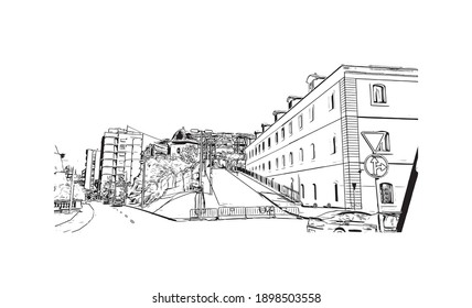Building view with landmark of Cartagena is the
city in Spain. Hand drawn sketch illustration in vector.