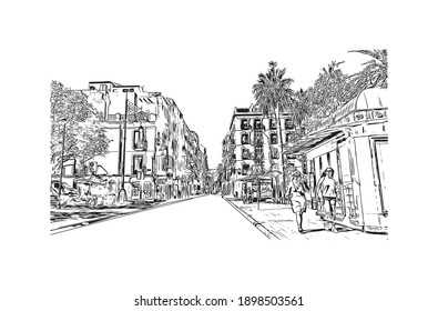 Building view with landmark of Cartagena is the
city in Spain. Hand drawn sketch illustration in vector.