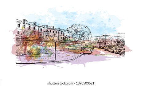 Building view with landmark of Cartagena is the
city in Spain. Watercolour splash with hand drawn sketch illustration in vector.