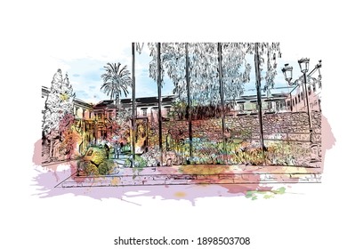 Building view with landmark of Cartagena is the
city in Spain. Watercolour splash with hand drawn sketch illustration in vector.