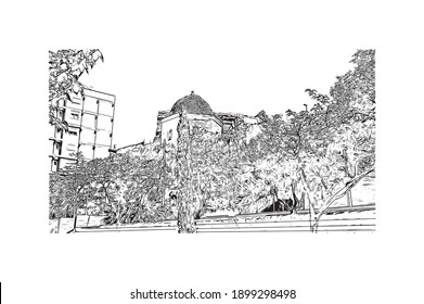 Building view with landmark of Cartagena is the
city in Spain. Hand drawn sketch illustration in vector.