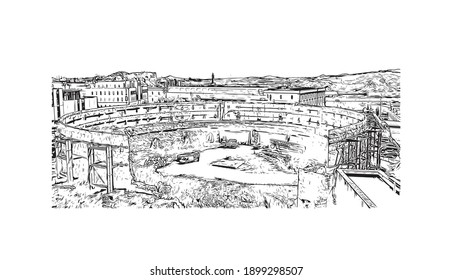 Building view with landmark of Cartagena is the
city in Spain. Hand drawn sketch illustration in vector.