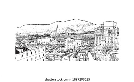 Building view with landmark of Cartagena is the
city in Spain. Hand drawn sketch illustration in vector.