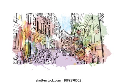 Building view with landmark of Cartagena is the
city in Spain. Watercolour splash with hand drawn sketch illustration in vector.