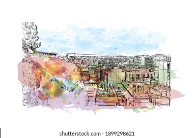 Building view with landmark of Cartagena is the
city in Spain. Watercolour splash with hand drawn sketch illustration in vector.