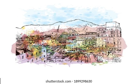 Building view with landmark of Cartagena is the
city in Spain. Watercolour splash with hand drawn sketch illustration in vector.