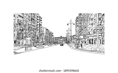 Building view with landmark of Cartagena is the
city in Spain. Hand drawn sketch illustration in vector.