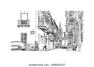 Building view with landmark of Cartagena is the
city in Colombia. Hand drawn sketch illustration in vector.