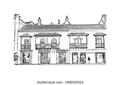 Building view with landmark of Cartagena is the
city in Colombia. Hand drawn sketch illustration in vector.