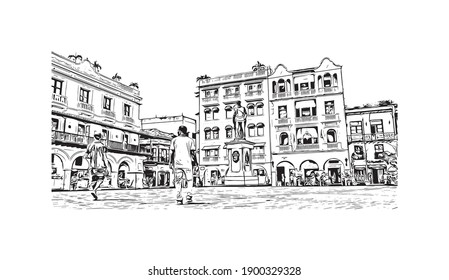 Building view with landmark of Cartagena is the
city in Colombia. Hand drawn sketch illustration in vector.