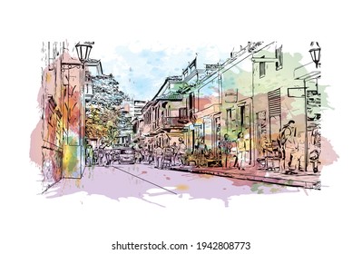 Building view with landmark of Cartagena is the 
city in Colombia. Watercolour splash with hand drawn sketch illustration in vector.