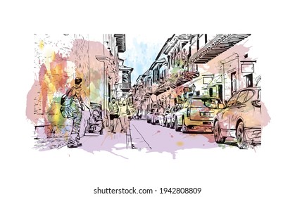 Building view with landmark of Cartagena is the 
city in Colombia. Watercolour splash with hand drawn sketch illustration in vector.