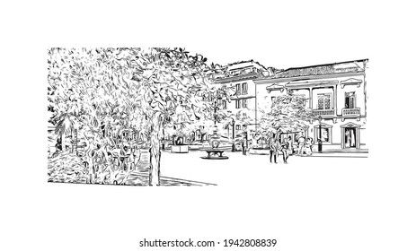 Building view with landmark of Cartagena is the 
city in Colombia. Hand drawn sketch illustration in vector.