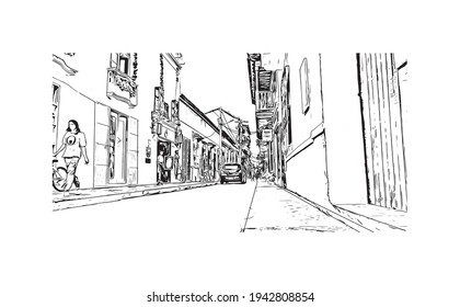 Building view with landmark of Cartagena is the 
city in Colombia. Hand drawn sketch illustration in vector.
