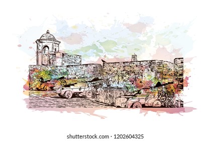 Building view with landmark of Cartagena is a port city on Colombia’s Caribbean coast. Watercolor splash with Hand drawn sketch illustration in vector.