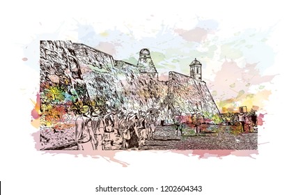 Building view with landmark of Cartagena is a port city on Colombia’s Caribbean coast. Watercolor splash with Hand drawn sketch illustration in vector.