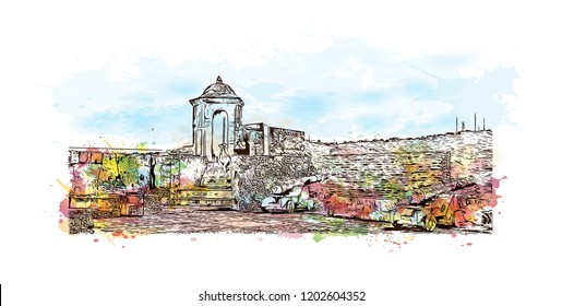 Building view with landmark of Cartagena is a port city on Colombia’s Caribbean coast. Watercolor splash with Hand drawn sketch illustration in vector.