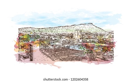 Building view with landmark of Cartagena is a port city on Colombia’s Caribbean coast. Watercolor splash with Hand drawn sketch illustration in vector.