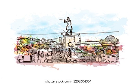 Building view with landmark of Cartagena is a port city on Colombia’s Caribbean coast. Watercolor splash with Hand drawn sketch illustration in vector.