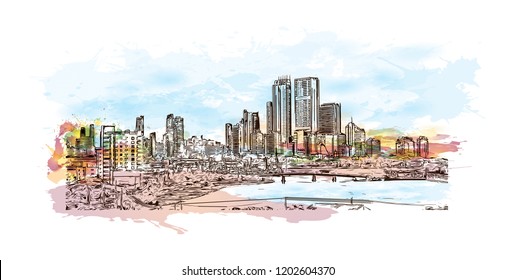 Building view with landmark of Cartagena is a port city on Colombia’s Caribbean coast. Watercolor splash with Hand drawn sketch illustration in vector.