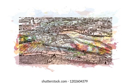 Building view with landmark of Cartagena is a port city on Colombia’s Caribbean coast. Watercolor splash with Hand drawn sketch illustration in vector.