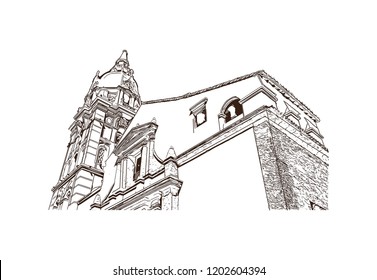 Construir vistas con monumentos de Cartagena es una ciudad portuaria en la costa caribeña de Colombia. Dibujo dibujado a mano en vector.