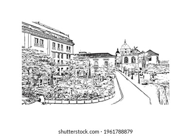Building view with landmark of Cartagena is a port city on Colombia. Hand drawn sketch illustration in vector.