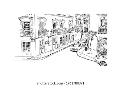 Building view with landmark of Cartagena is a port city on Colombia. Hand drawn sketch illustration in vector.