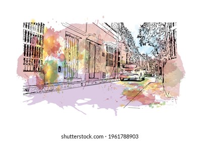 Building view with landmark of Cartagena is a port city on Colombia. Watercolor splash with hand drawn sketch illustration in vector.