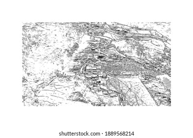 Building view with landmark of Cartago is the 
city in Costa Rica. Hand drawn sketch illustration in vector.