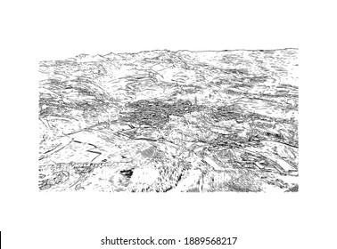 Building view with landmark of Cartago is the 
city in Costa Rica. Hand drawn sketch illustration in vector.
