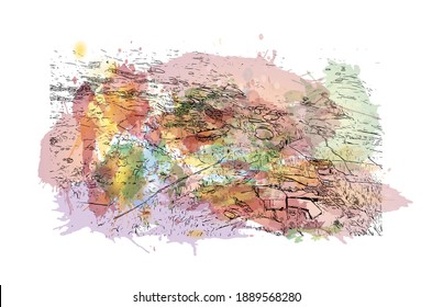 Building view with landmark of Cartago is the 
city in Costa Rica. Watercolour splash with hand drawn sketch illustration in vector.