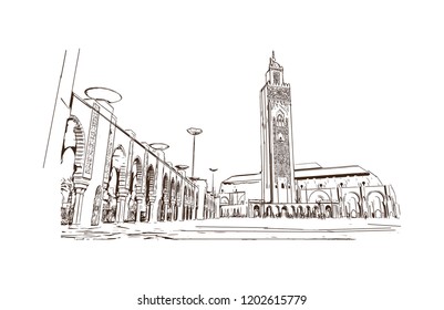 Building view with landmark of Casablanca is a port city and commercial hub in western Morocco, fronting the Atlantic Ocean. Hand drawn sketch illustration in vector.