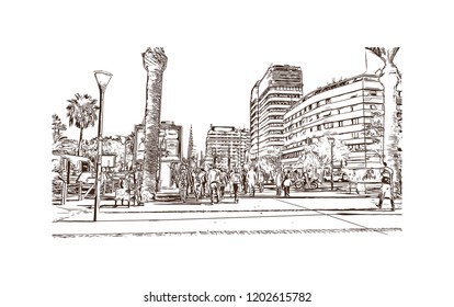 Building view with landmark of Casablanca is a port city and commercial hub in western Morocco, fronting the Atlantic Ocean. Hand drawn sketch illustration in vector.