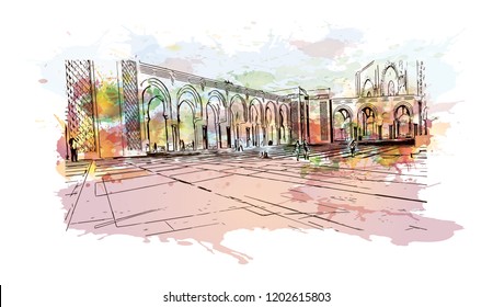 Building view with landmark of Casablanca is a port city and commercial hub in western Morocco, fronting the Atlantic Ocean. Watercolor splash with Hand drawn sketch illustration in vector.