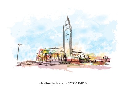 Building view with landmark of Casablanca is a port city and commercial hub in western Morocco, fronting the Atlantic Ocean. Watercolor splash with Hand drawn sketch illustration in vector.
