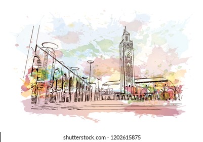 Building view with landmark of Casablanca is a port city and commercial hub in western Morocco, fronting the Atlantic Ocean. Watercolor splash with Hand drawn sketch illustration in vector.