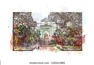 Building view with landmark of Casablanca is a port city and commercial hub in western Morocco, fronting the Atlantic Ocean. Watercolor splash with Hand drawn sketch illustration in vector.