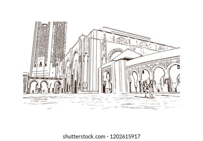 Building view with landmark of Casablanca is a port city and commercial hub in western Morocco, fronting the Atlantic Ocean. Hand drawn sketch illustration in vector.