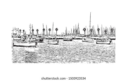 Building view with landmark of Cascais is a coastal resort town in Portugal, Han drawn sketch illustration in vector.