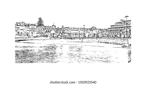 Building view with landmark of Cascais is a coastal resort town in Portugal, Han drawn sketch illustration in vector.