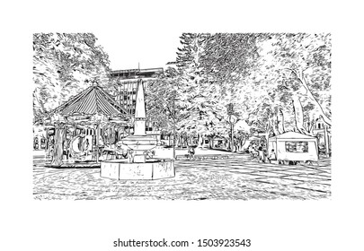 Building view with landmark of Cascais is a coastal resort town in Portugal, Han drawn sketch illustration in vector.
